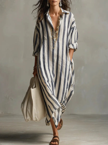 Striped linen shirt dress, blue and white vertical stripes, long sleeves, button front