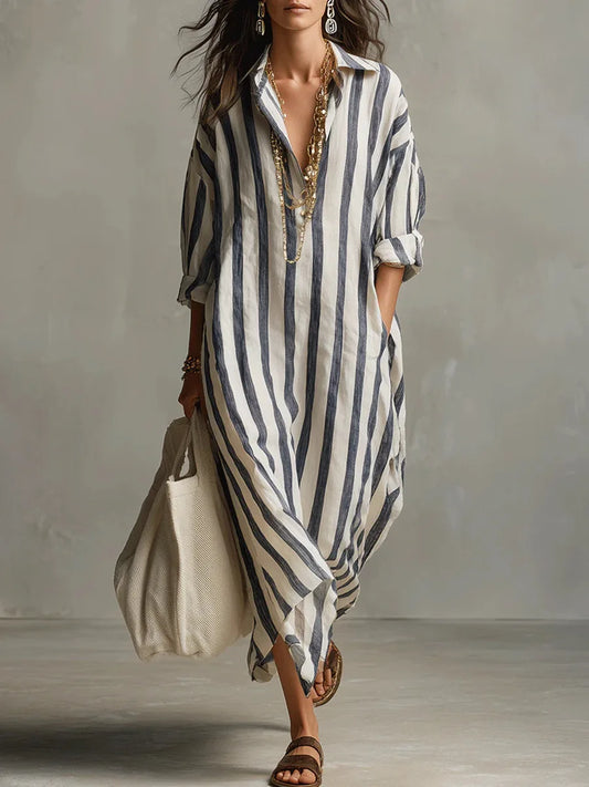 Striped linen shirt dress, blue and white vertical stripes, long sleeves, button front
