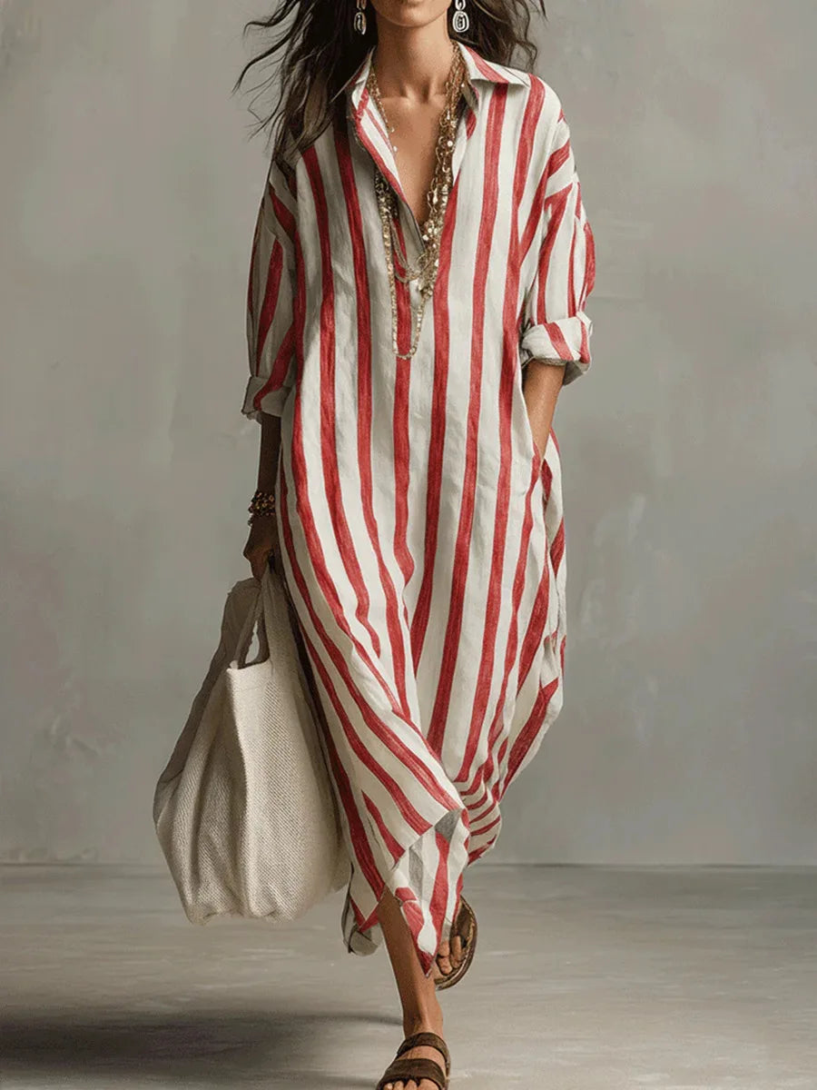 Striped linen shirt dress in red and white vertical stripes, long sleeves, button front