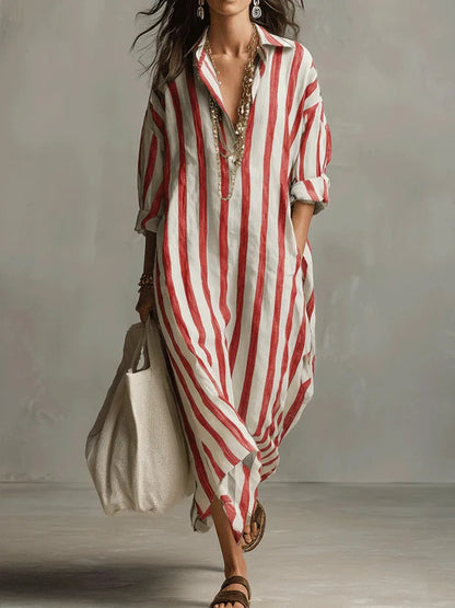 Striped linen shirt dress in red and white vertical stripes, long sleeves, button front