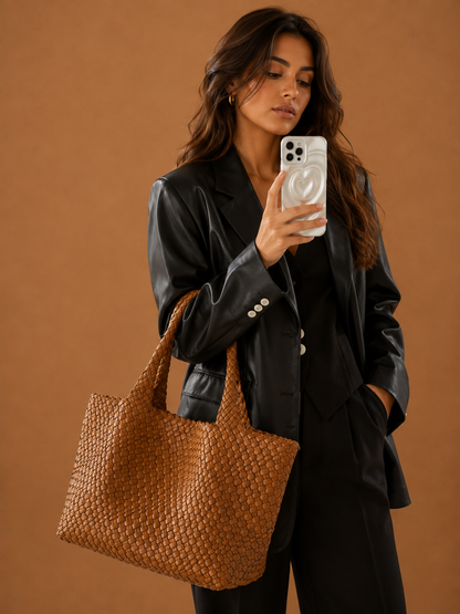 Brown woven tote bag with braided handles and open top