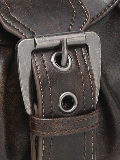 Brown distressed faux leather hobo bag buckle with metal grommets and strap detail