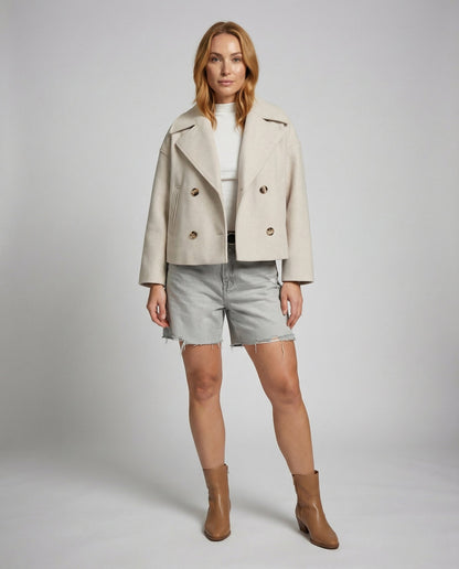 Cropped double-breasted jacket in light beige, flap pockets and double-button front