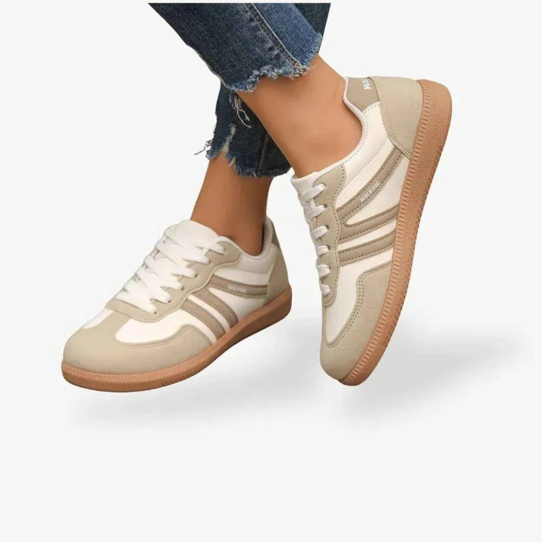 Beige comfort trainers with white stripes, lace-up design and tan gum sole