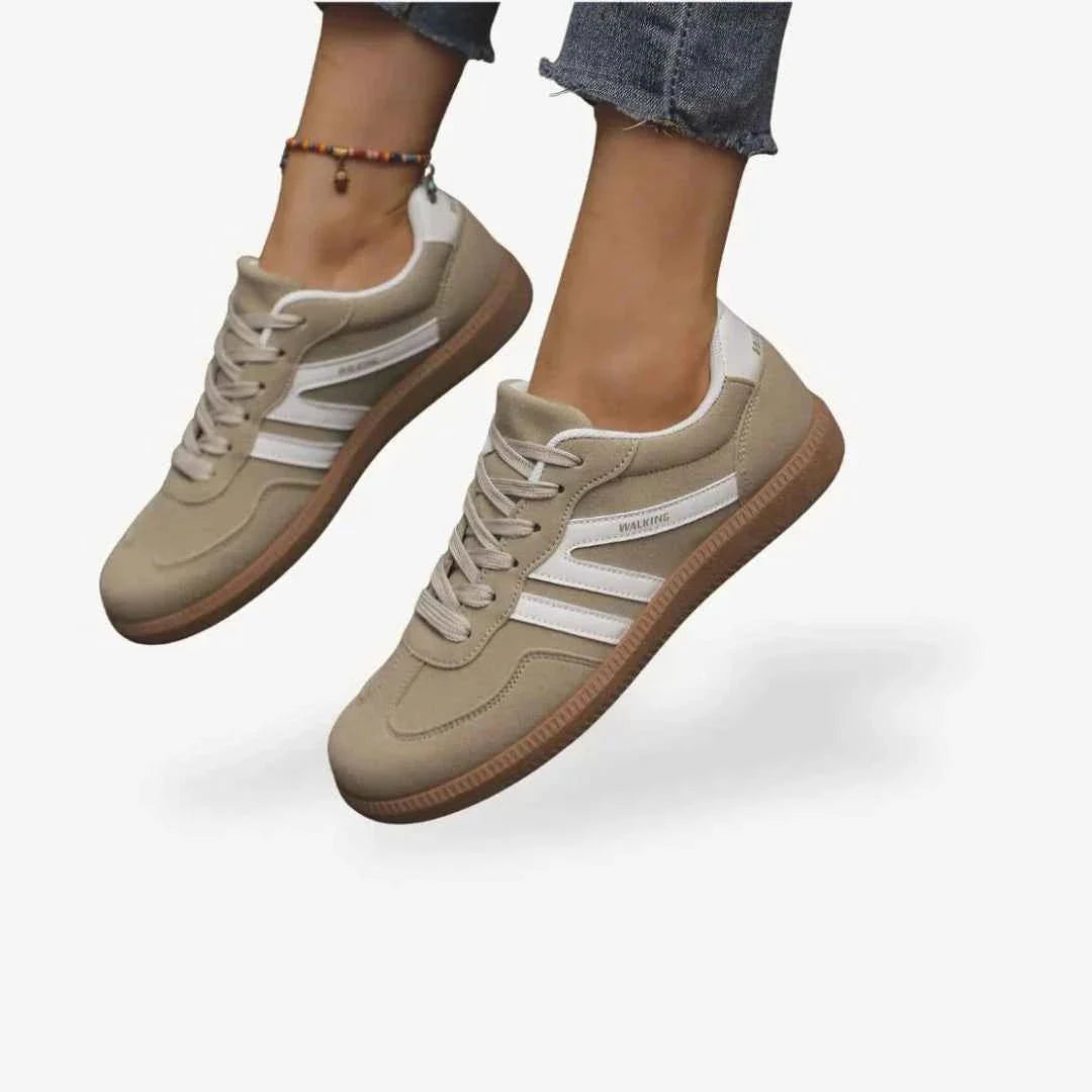 Khaki comfort trainers with white side stripes, lace-up uppers and brown gum sole