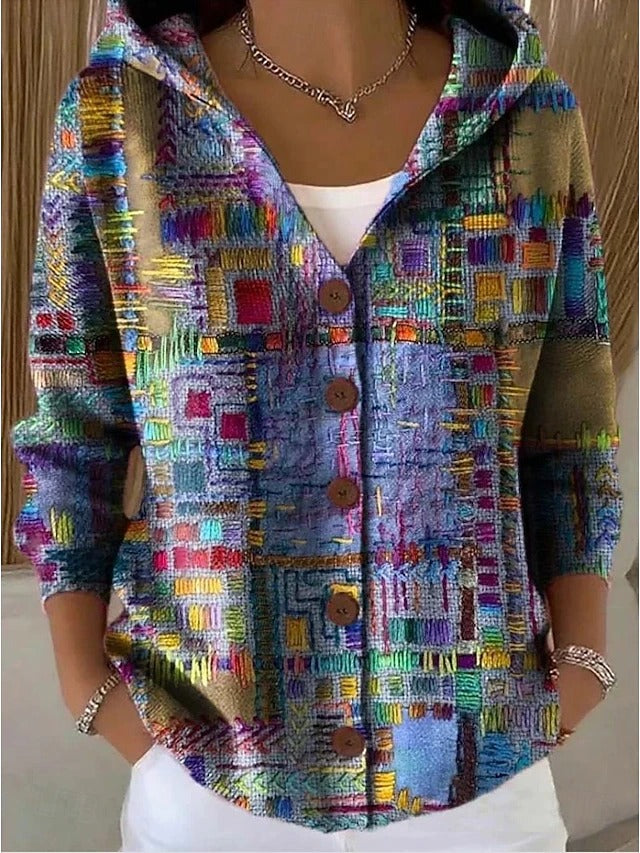 Hooded button-front sweater, multicolor abstract knit pattern, three-quarter sleeves
