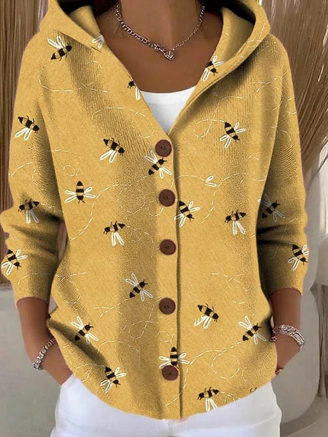 Hooded button-front sweater in mustard yellow, bee print, three-quarter sleeves