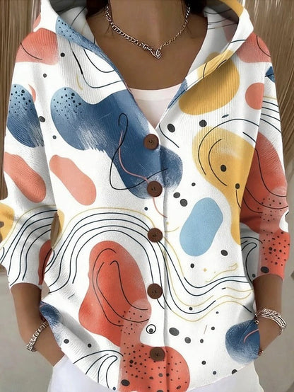 Hooded button-front sweater with colorful abstract print, three-quarter sleeves