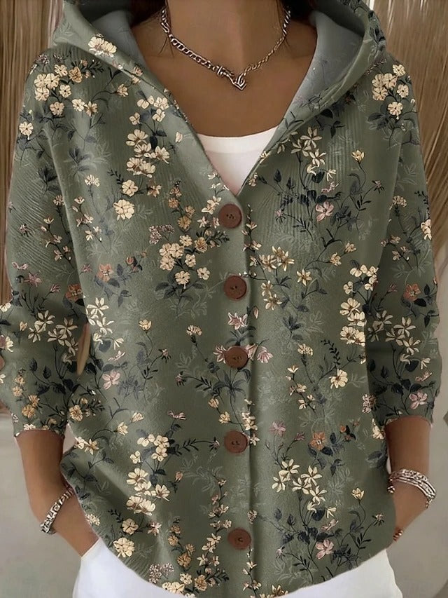 Hooded button-front sweater in dark green, floral sprig print, three-quarter sleeves