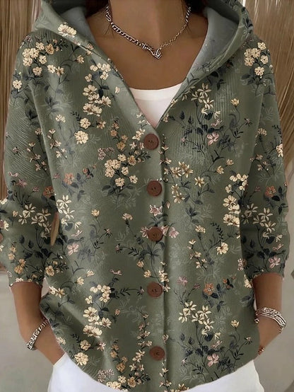 Hooded button-front sweater in dark green, floral sprig print, three-quarter sleeves