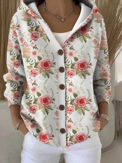 Hooded button-front sweater in cream with rose floral print, three-quarter sleeves