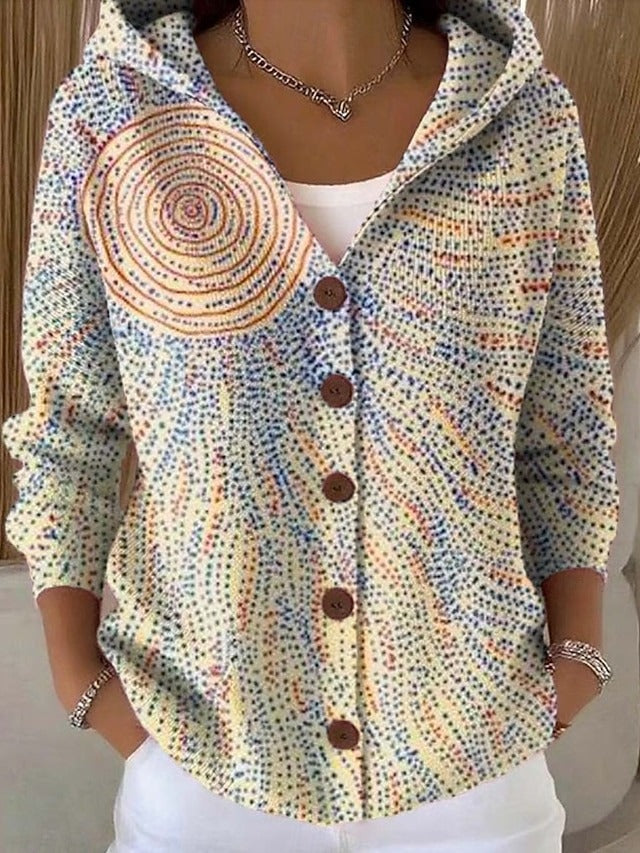 Hooded button-front sweater in light beige with dotted spiral print, three-quarter sleeves