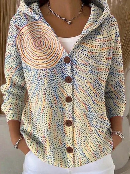 Hooded button-front sweater in light beige with dotted spiral print, three-quarter sleeves