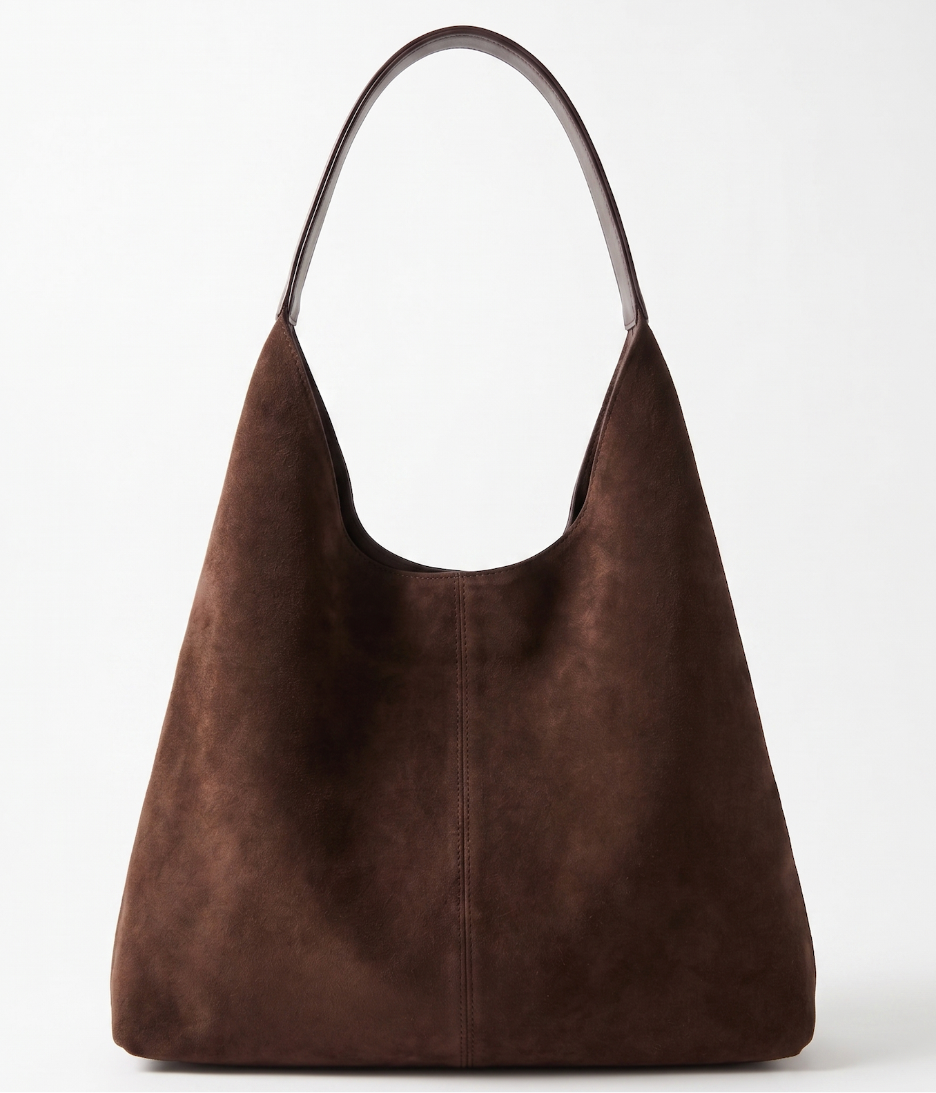 Coffee brown vegan suede tote bag with curved short handles and open top