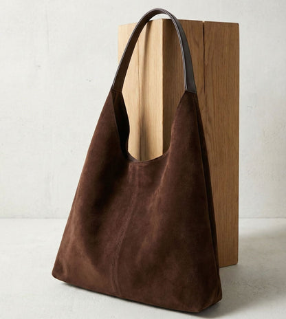 Dark brown vegan suede tote bag with side view, open top, and sturdy handles