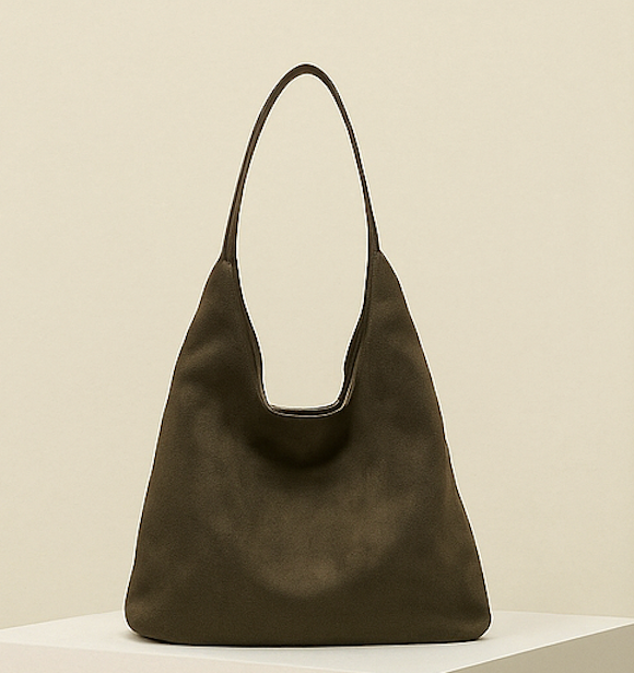 Dark green vegan suede tote bag with curved short handles and open top