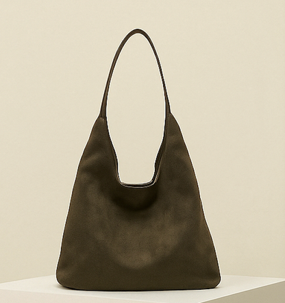 Dark green vegan suede tote bag with curved short handles and open top