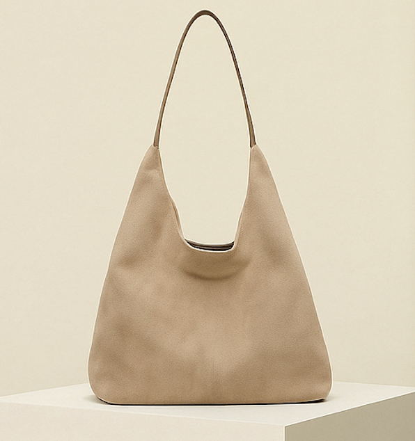 Beige vegan suede tote bag with curved short handles and open top