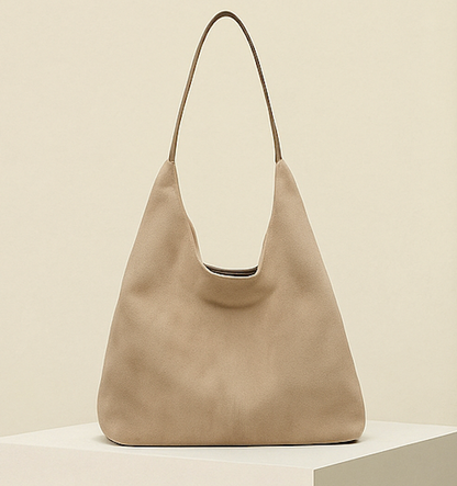 Beige vegan suede tote bag with curved short handles and open top