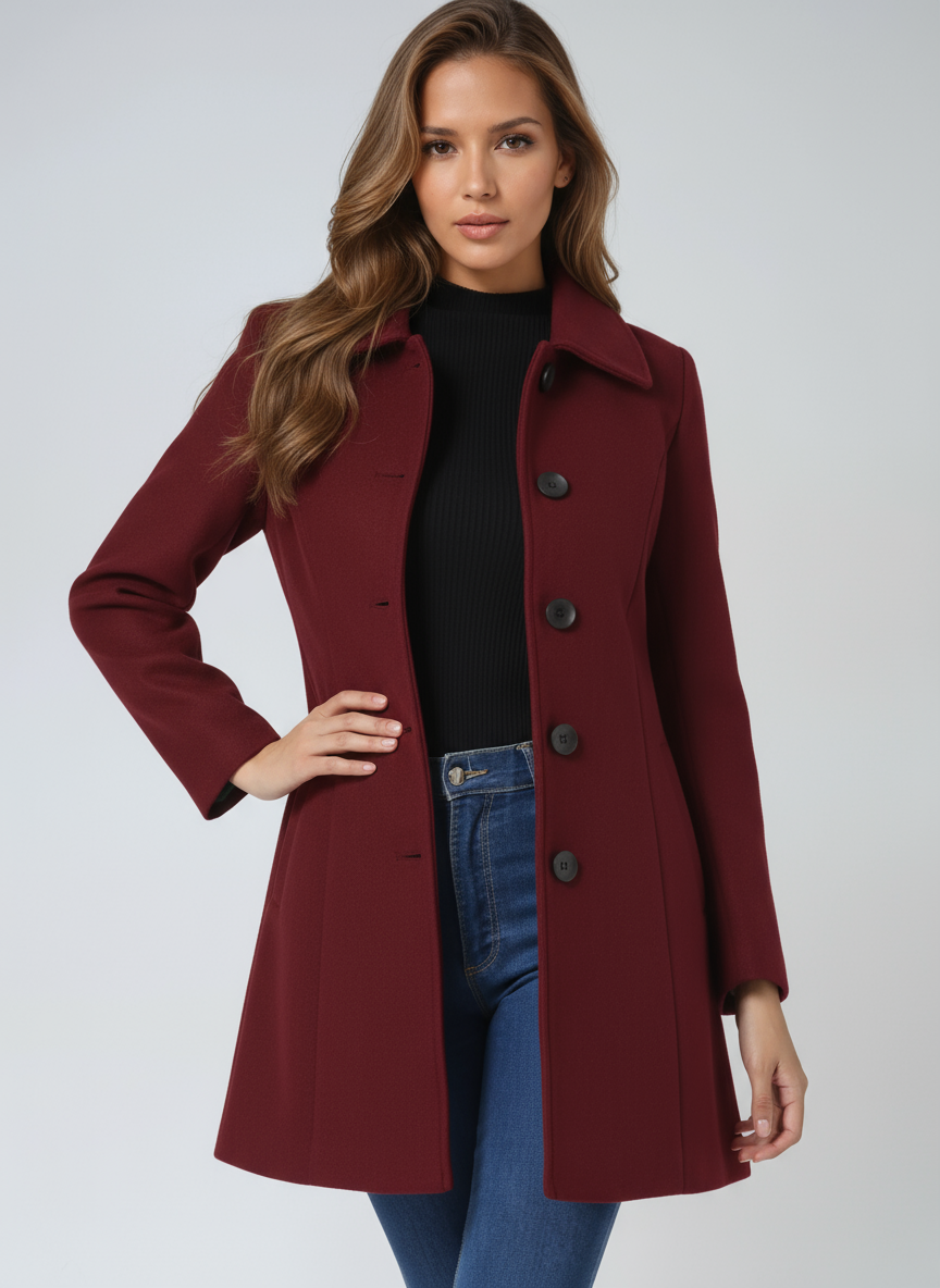 Dark red women’s trench coat with notched collar and front button closure