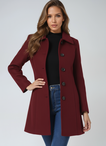 Dark red women’s trench coat with notched collar and front button closure