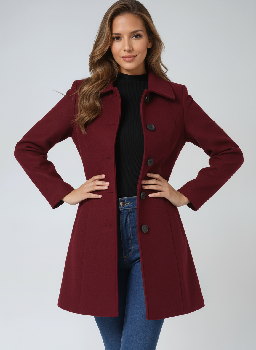 Dark red women’s trench coat with notched collar and button front