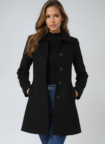 Black women’s trench coat with notched collar and button front