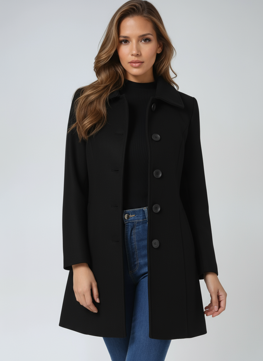 Black women’s trench coat with notched collar and front button closure