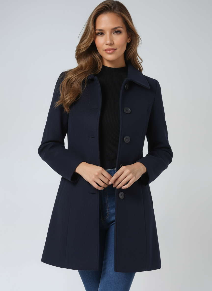 Dark blue women’s trench coat with notched collar and front button closure