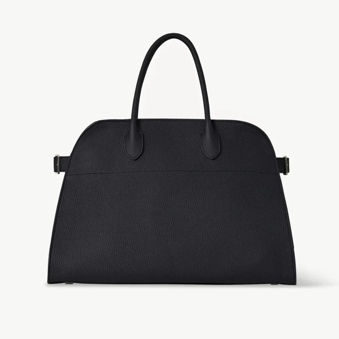 Black pebbled leather tote handbag with two top handles and side buckle straps
