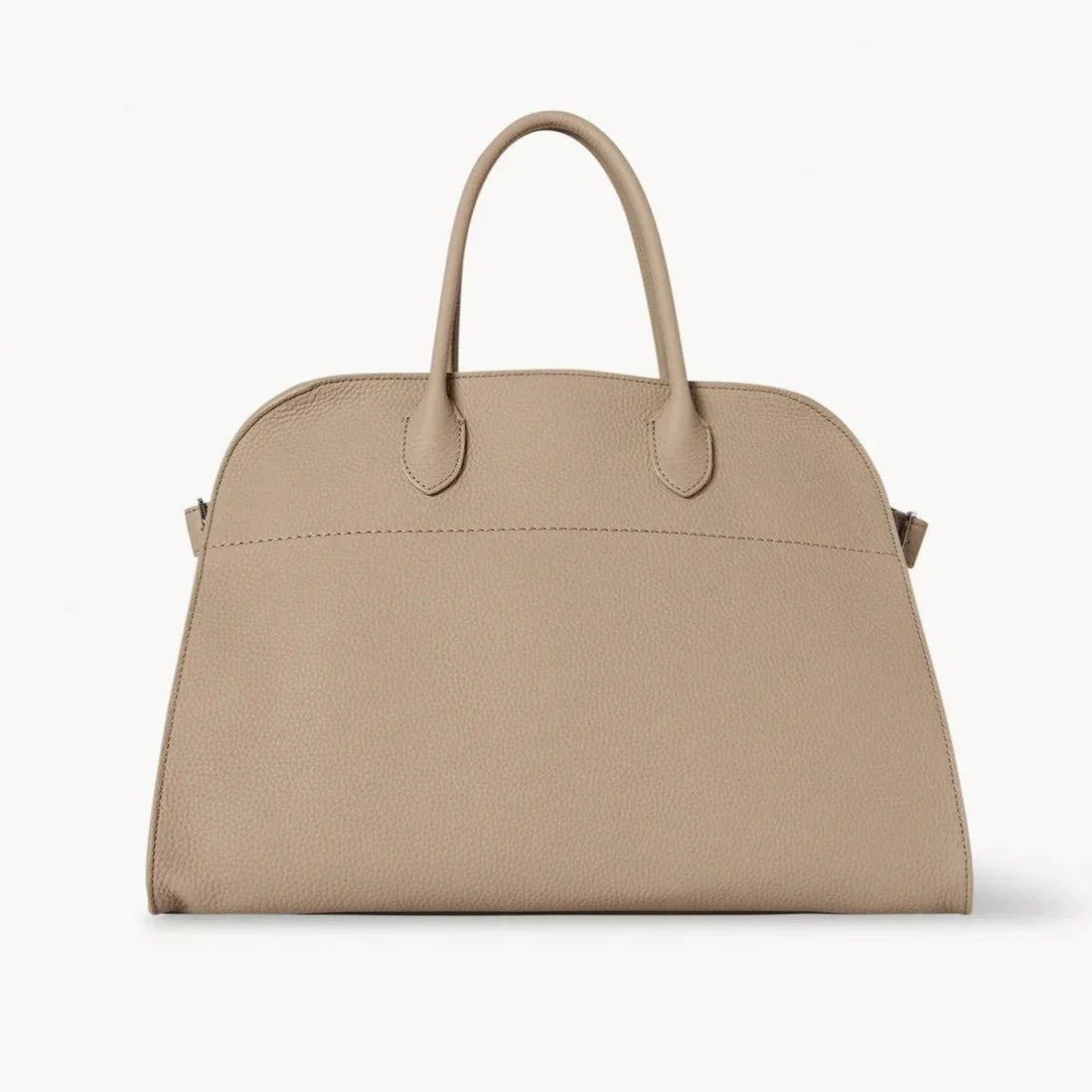 Beige leather tote bag with two top handles and minimal hardware