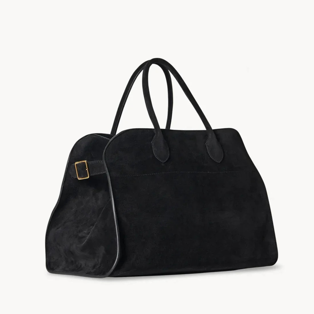 Black suede tote handbag with two top handles and small front pouch