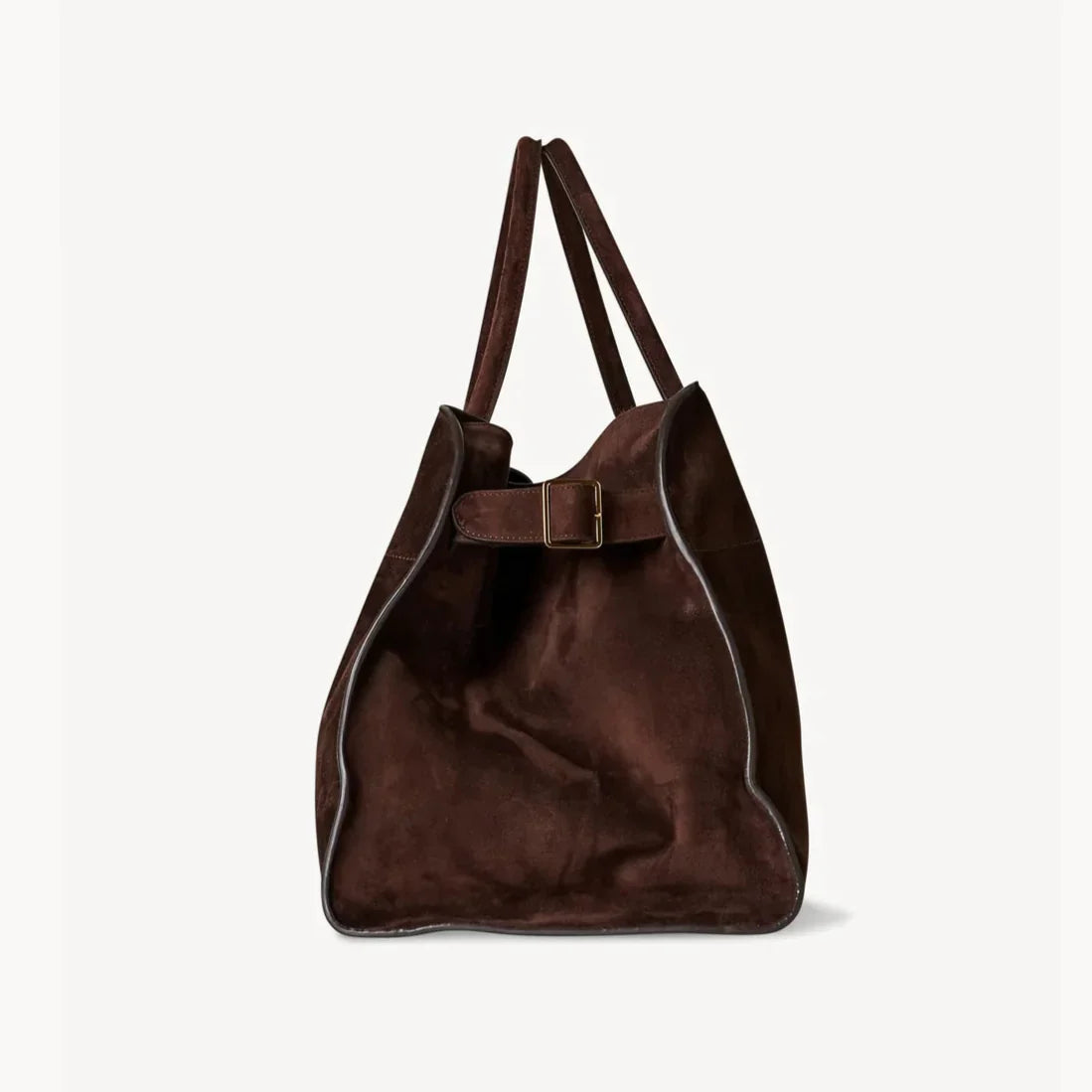 Brown suede tote bag with top handles and front buckle strap