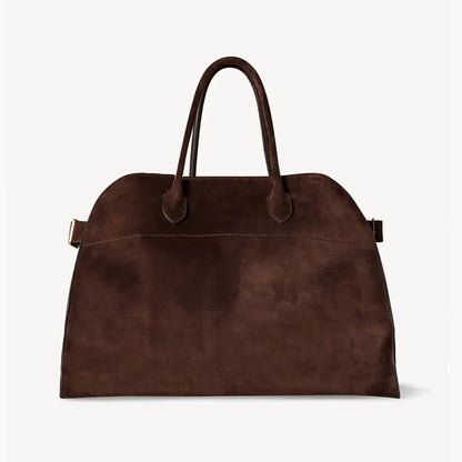 Brown suede tote handbag with two top handles and side straps