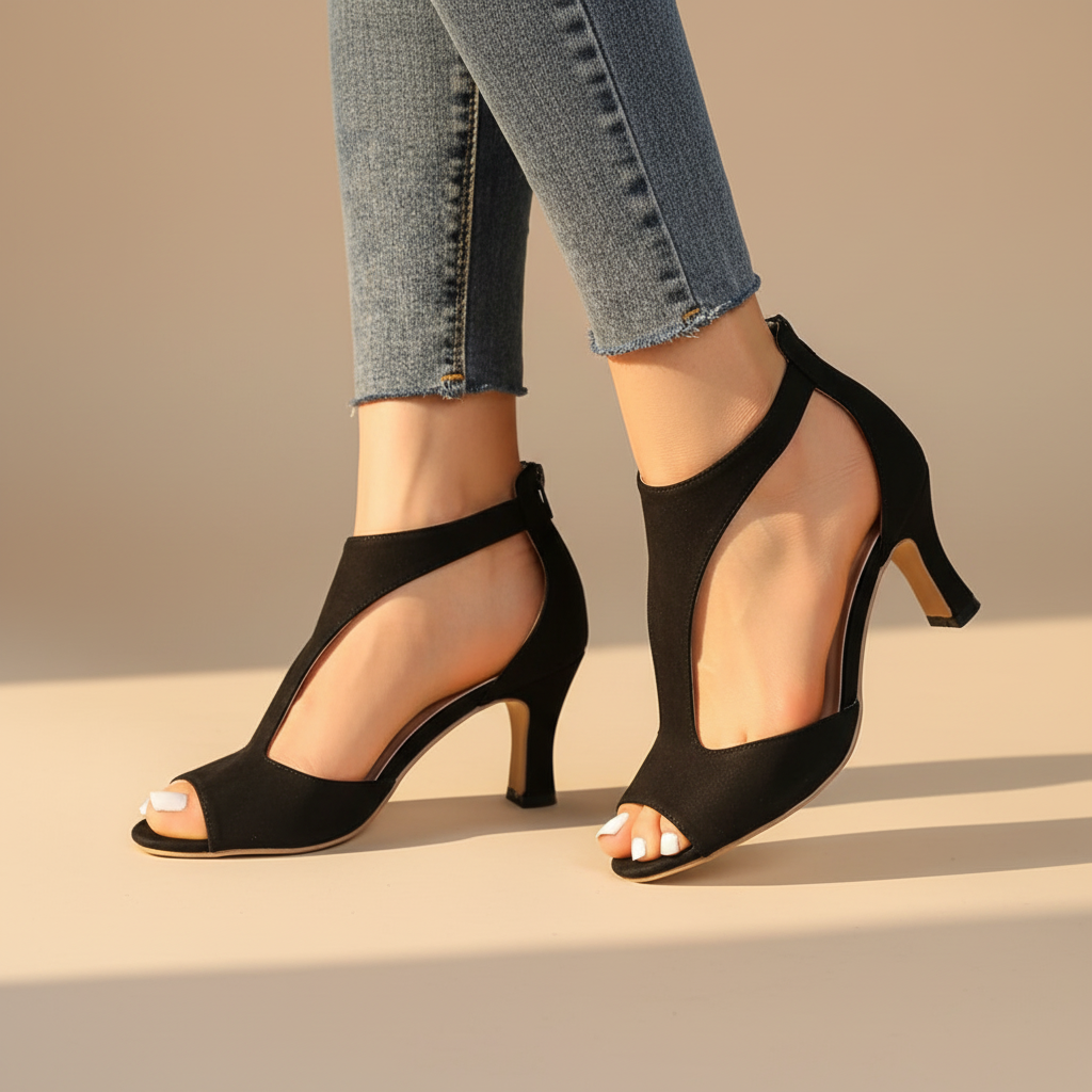 Black supportive heeled sandals with open toe and ankle strap, side view