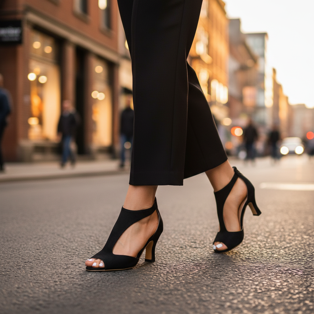 Black supportive heeled sandals with open toe and ankle strap, walking view