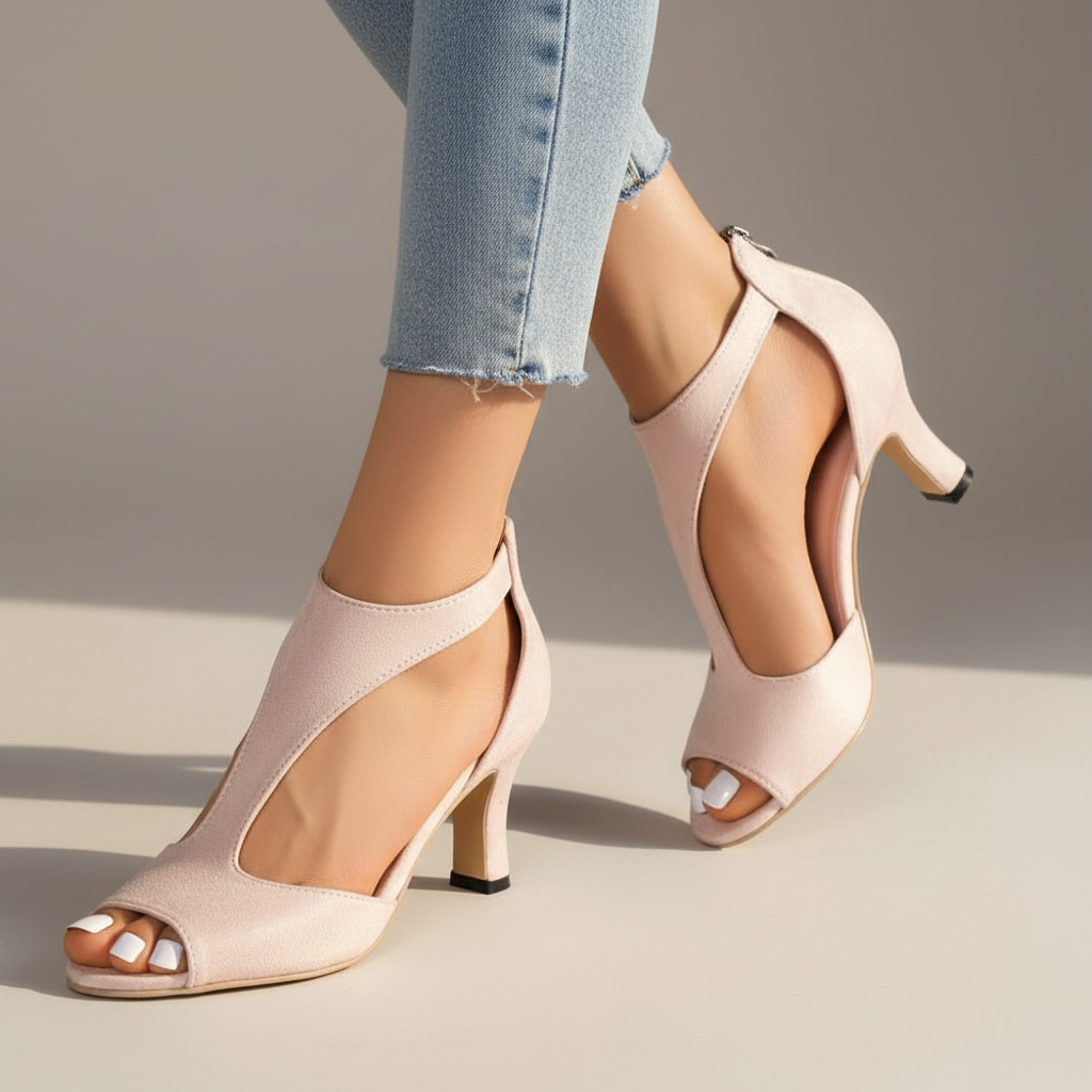 Pink supportive heeled sandals with peep toe, ankle strap, and block heel