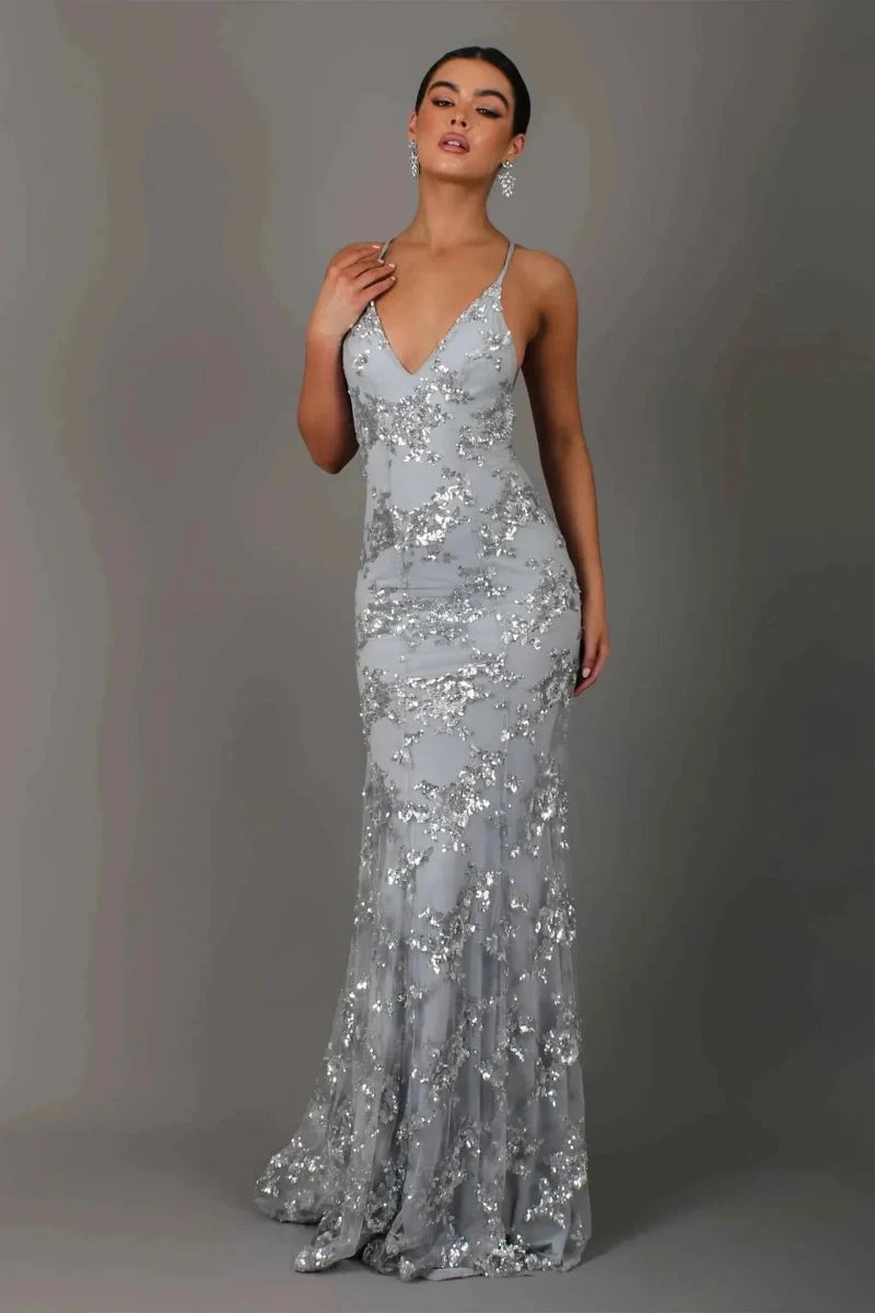 Silver sequin evening dress with V-neckline, thin straps, fitted mermaid silhouette