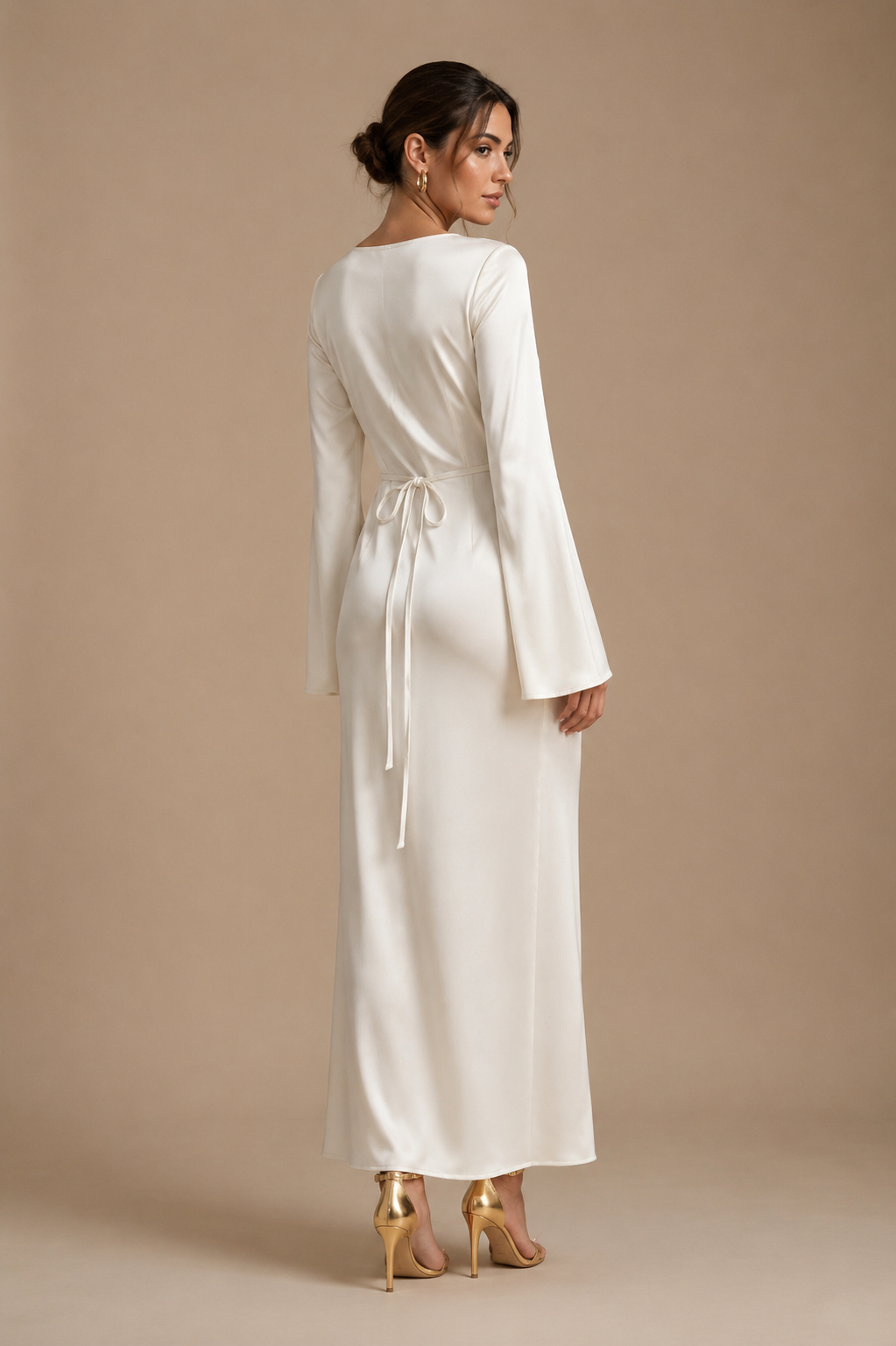 Cream satin maxi dress with long sleeves and ruched waist tie detail