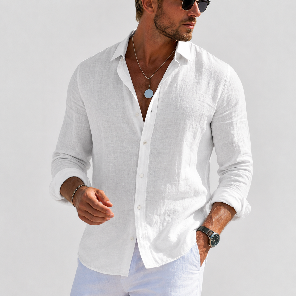 Men's linen long sleeve button-down shirt, white with chest pockets