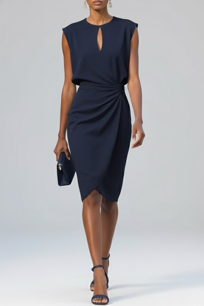 Navy blue sleeveless midi dress with keyhole neckline and knotted waist drape.