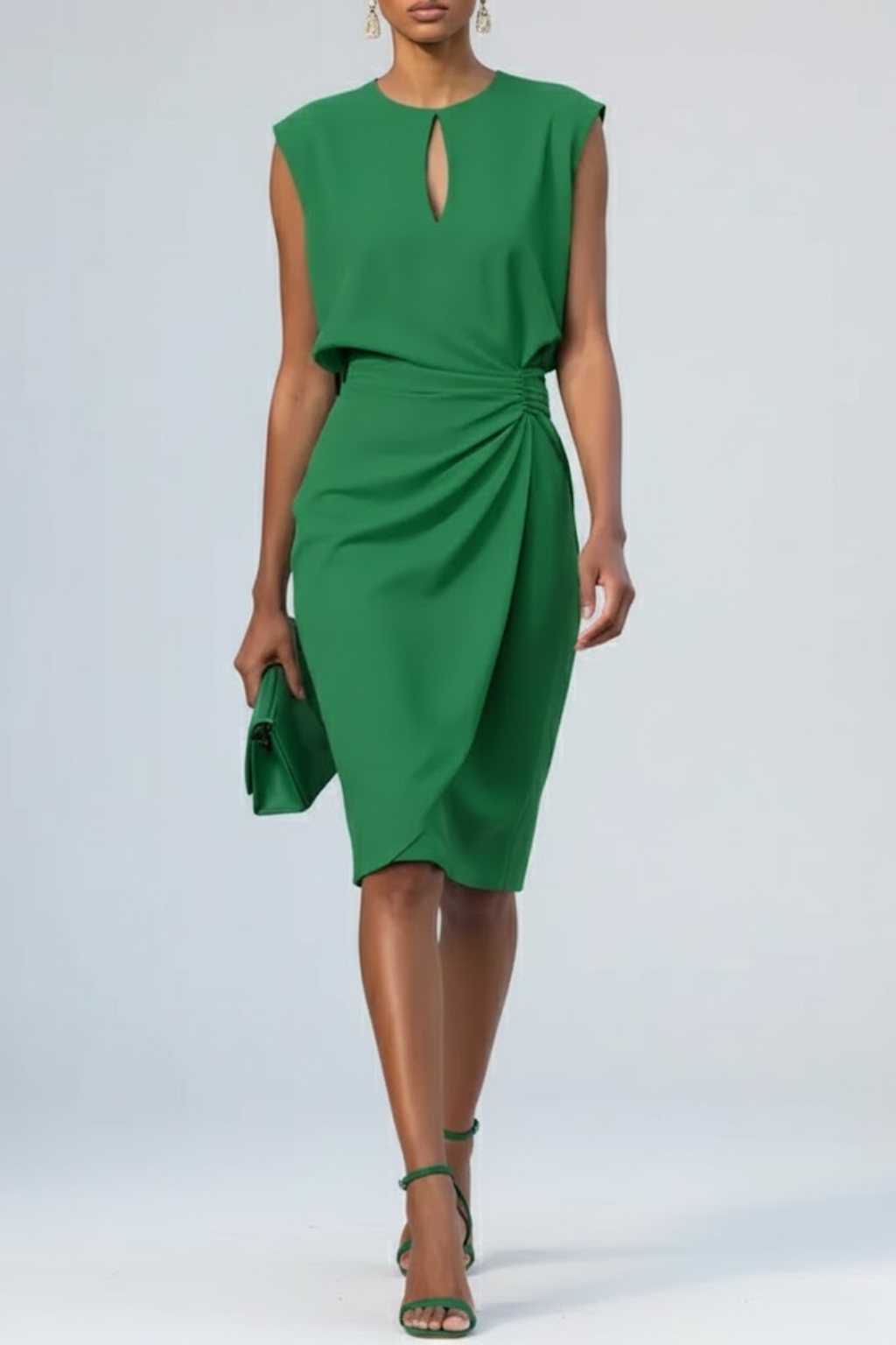 Green sleeveless midi dress with keyhole neckline and knotted waist drape.