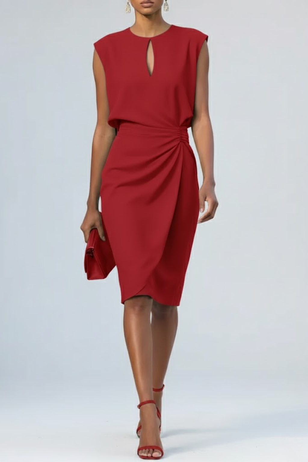 Red sleeveless midi dress with keyhole neckline and knotted waist drape.