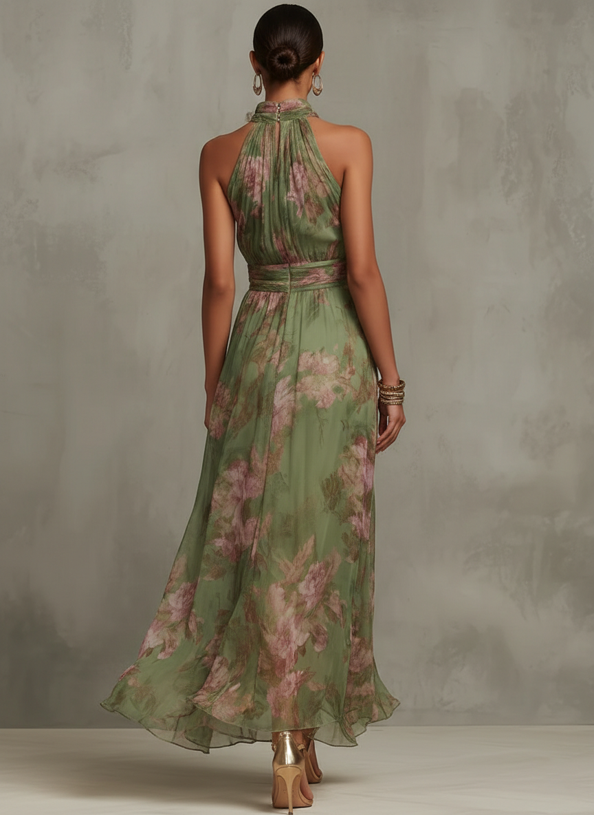 Green floral halterneck midi dress, open back with keyhole and pleated waist