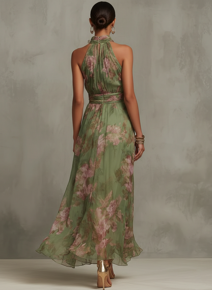 Green floral halterneck midi dress, open back with keyhole and pleated waist