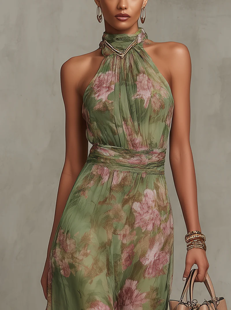 Green floral halterneck midi dress with high neckline and ruched bodice detail