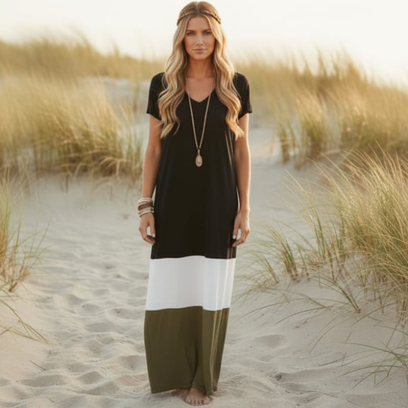 Maxi dress with V-neck, short sleeves, dark body with white and tan color blocks