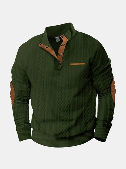 Cable knit pullover sweatshirt, green with tan collar and chest pocket tab