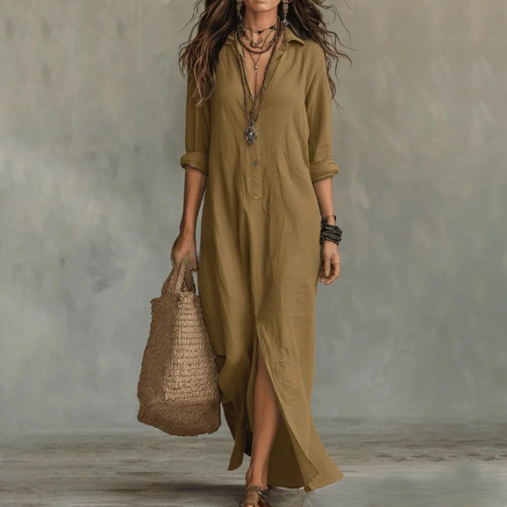 Women’s linen shirt dress, khaki green, 3/4 sleeves, button front, side slit