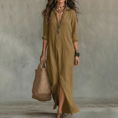 Women’s linen shirt dress, khaki green, 3/4 sleeves, button front, side slit